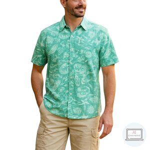 Columbia Mens PFG Trollers Best Shirt Green Pirate Skull Martina Beer Print Sz L